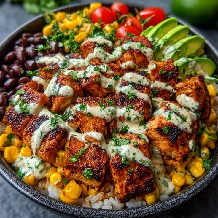 Chipotle Chicken Bowl with Black Beans, Corn, & Creamy Sauce