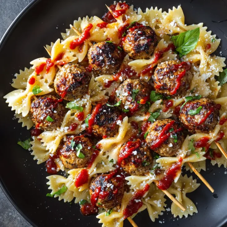 Bowtie Pasta and Cocktail Meatball Skewers