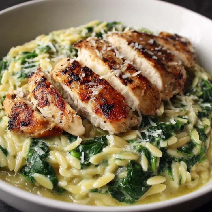 Creamy Spinach Parmesan Orzo with Grilled Chicken