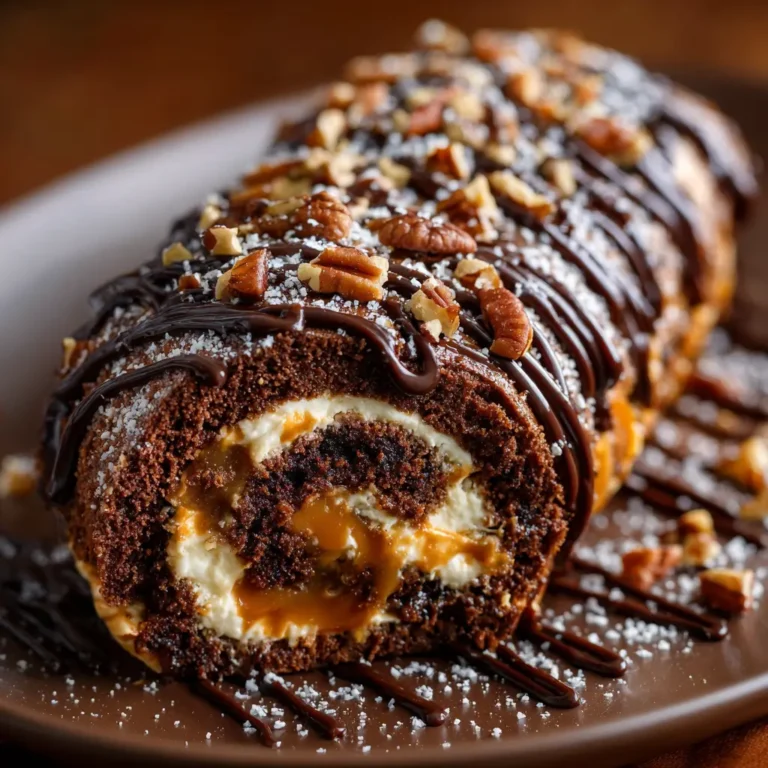 Gooey Chocolate Caramel Turtle Cake Roll