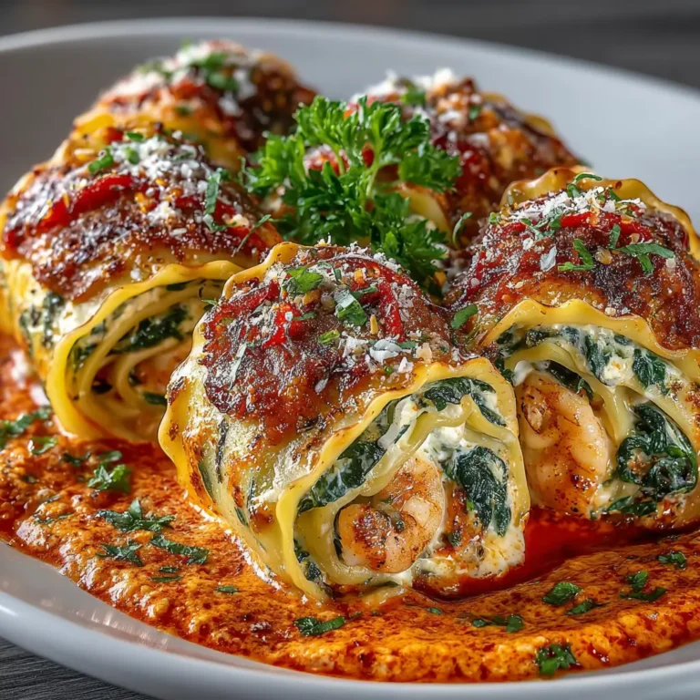Shrimp & Spinach Stuffed Pasta Rolls with Roasted Red Pepper Cream