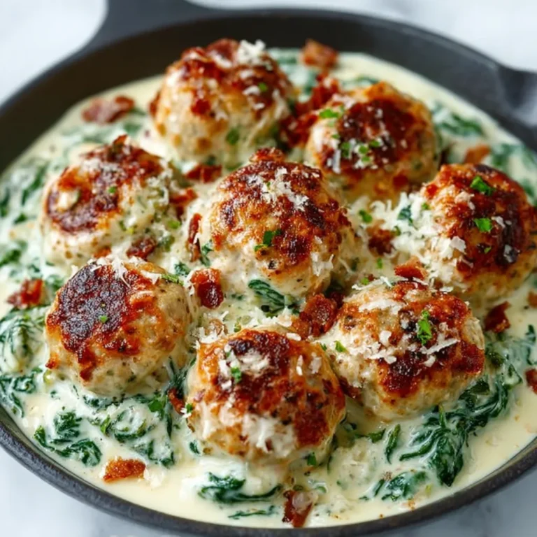 Baked Chicken Ricotta Meatballs with Spinach Alfredo
