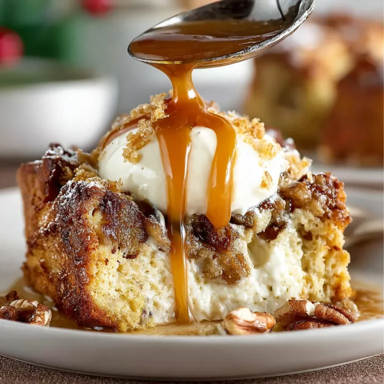 Classic Christmas Bread Pudding Dessert With Caramel Drizzle